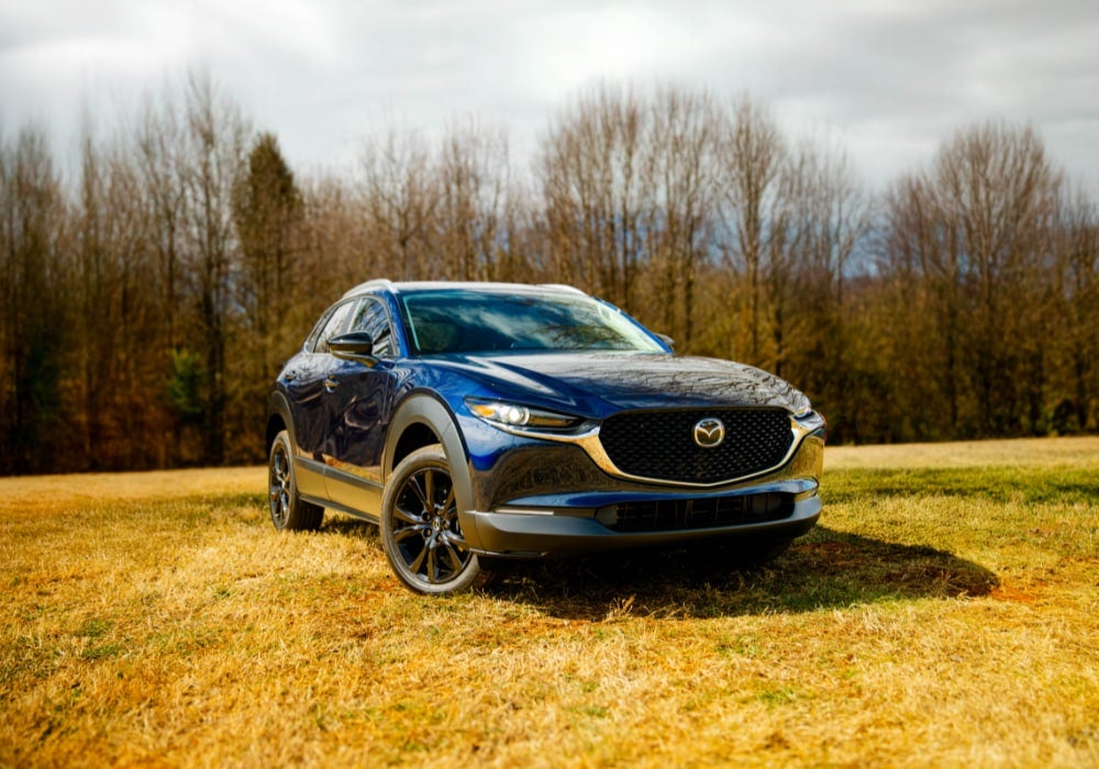 Blue Mazda CX-30 crossover SUV parked in a golden grassy field 
