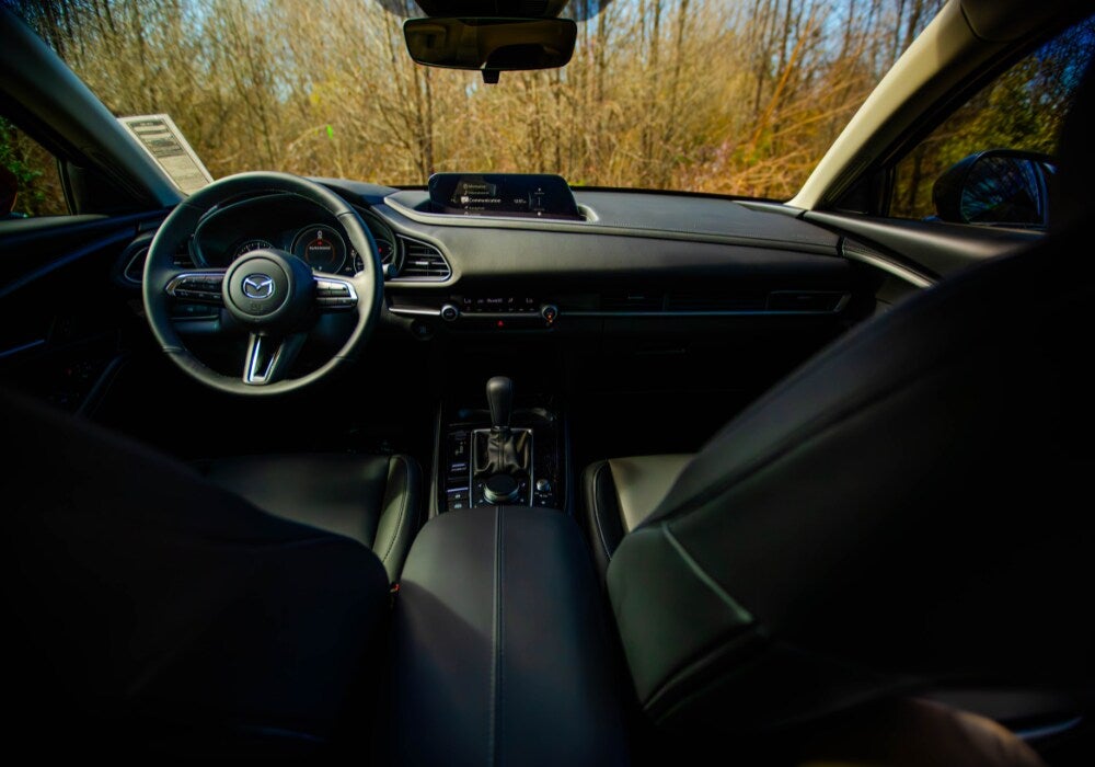 View from a car's black interior back seat showing the dashboard, steering wheel, and console, with bare trees outside.