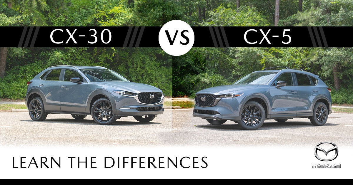 Two gray Mazda SUVs, a CX-30 on the left and a CX-5 on the right, compare models