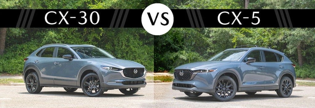 Two gray Mazda SUVs, CX-30 on left and CX-5 on right, are compared side-by-side
